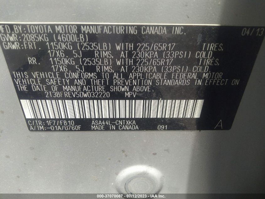 2013 TOYOTA RAV4 LE - 2T3BFREV5DW032220