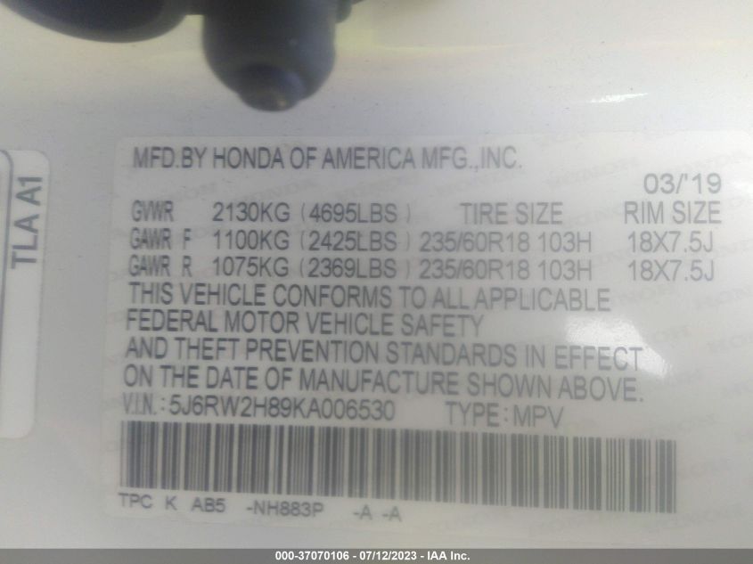 2019 HONDA CR-V EXL - 5J6RW2H89KA006530