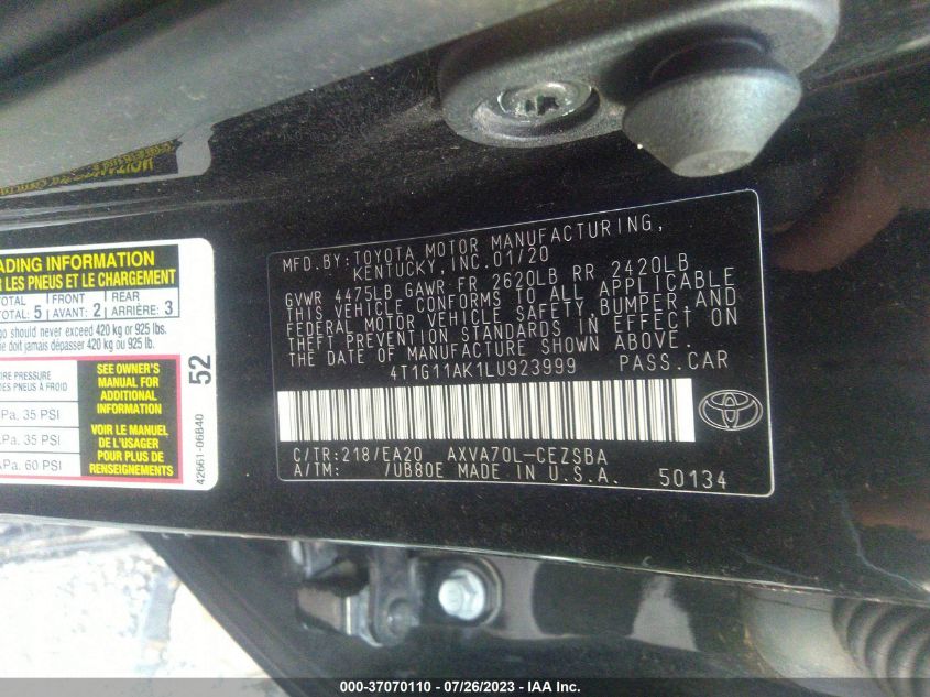 2020 TOYOTA CAMRY SE - 4T1G11AK1LU923999