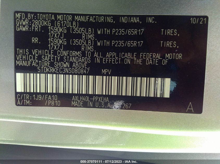 2022 TOYOTA SIENNA LE - 5TDKRKEC3NS080847