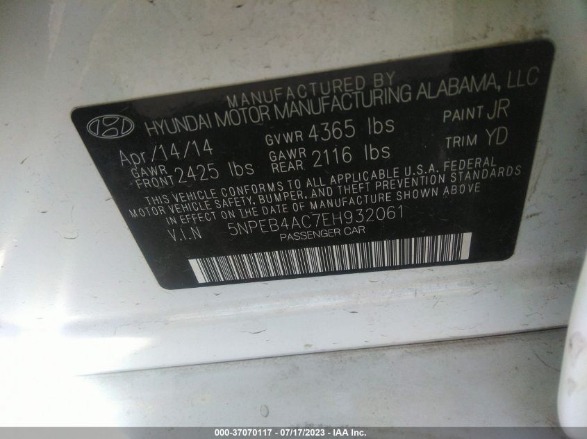 2014 HYUNDAI SONATA GLS - 5NPEB4AC7EH932061