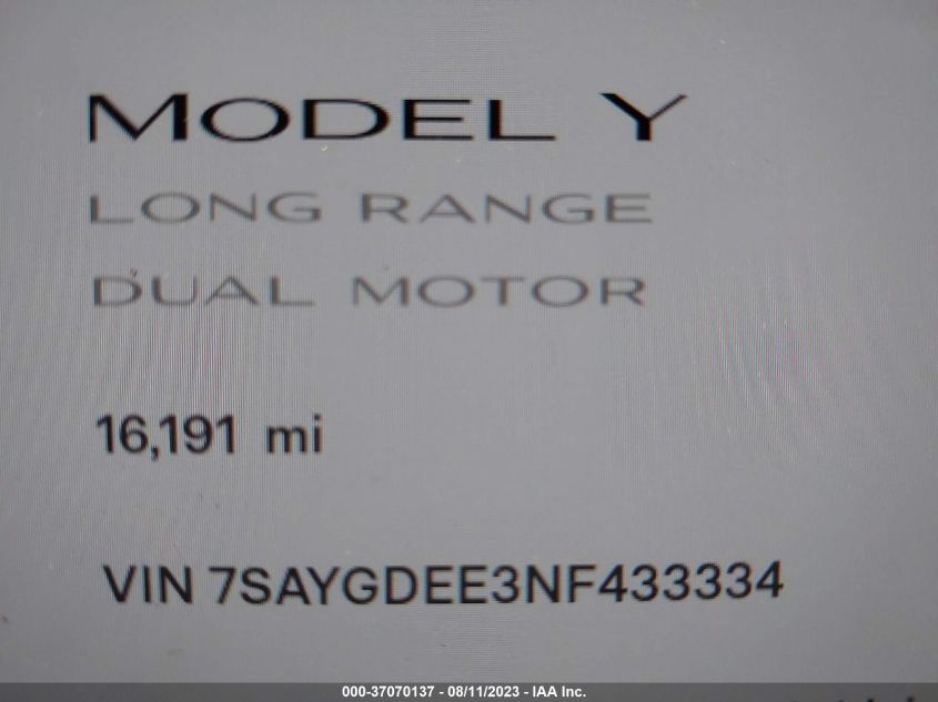 2022 TESLA MODEL Y LONG RANGE - 7SAYGDEE3NF433334