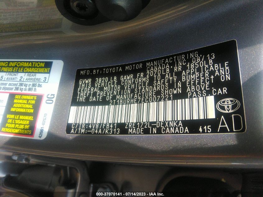 2014 TOYOTA COROLLA L/LE/S/S PLUS/LE PLUS - 2T1BURHE7EC007221