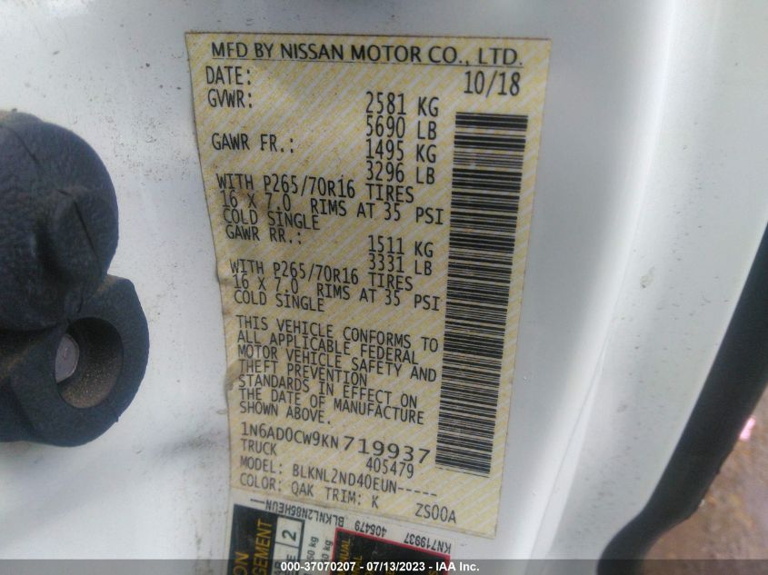 2019 NISSAN FRONTIER SV - 1N6AD0CW9KN719937