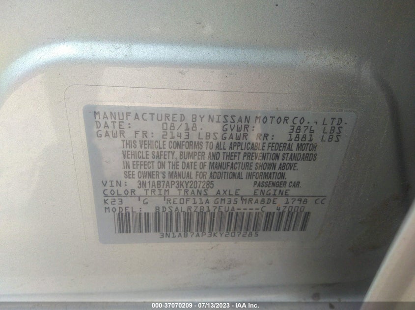 VIN 3N1AB7AP3KY207285 2019 NISSAN SENTRA SR