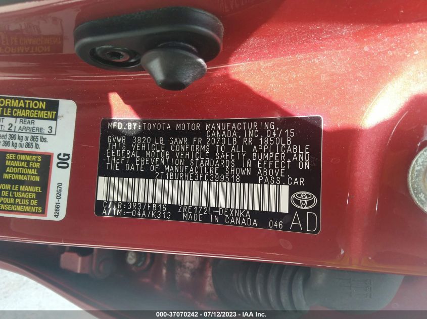 2015 TOYOTA COROLLA L/LE/S/S PLUS/LE PLUS - 2T1BURHE3FC399518