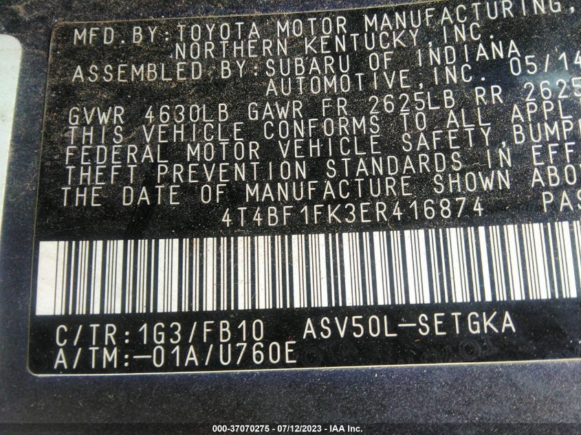 2014 TOYOTA CAMRY L/LE/XLE/SE/SE SPORT - 4T4BF1FK3ER416874