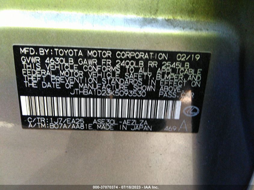 2019 LEXUS IS IS 300 - JTHBA1D23K5093530