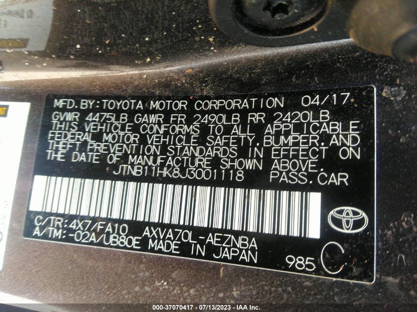2018 TOYOTA CAMRY LE/SE/XLE/L - JTNB11HK8J3001118