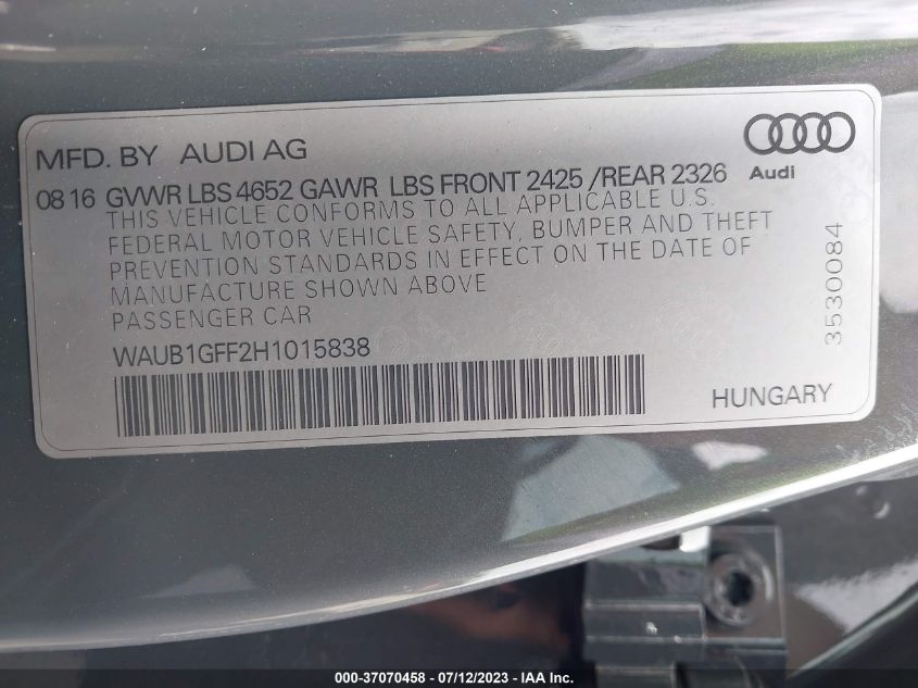 2017 AUDI S3 PREMIUM PLUS - WAUB1GFF2H1015838