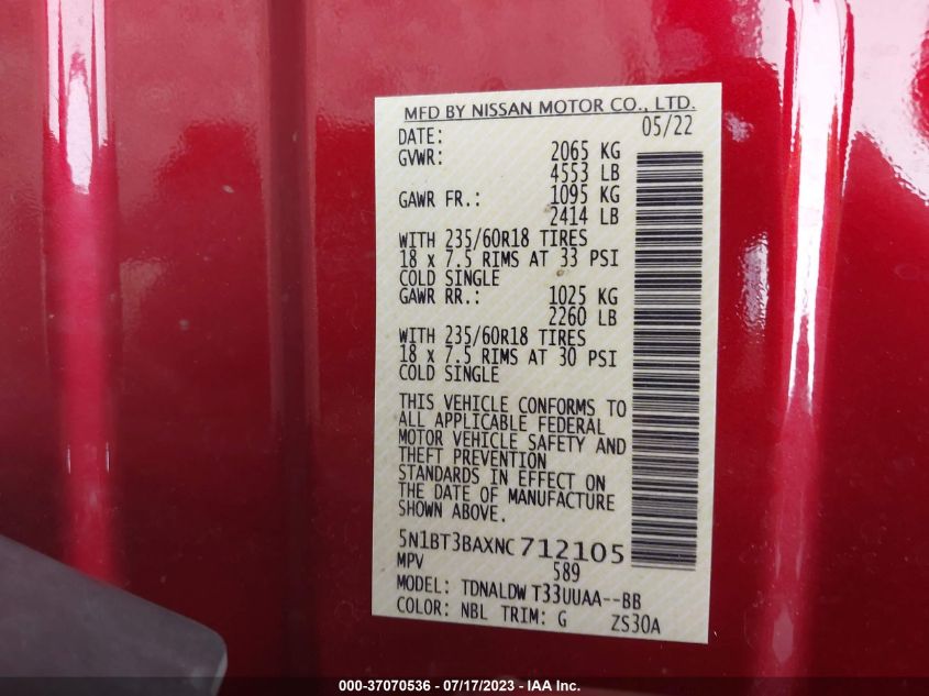 2022 NISSAN ROGUE SV - 5N1BT3BAXNC712105