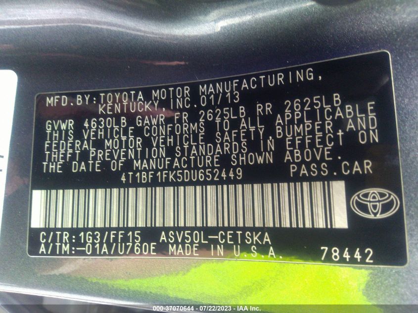 2013 TOYOTA CAMRY L/LE/SE/XLE - 4T1BF1FK5DU652449