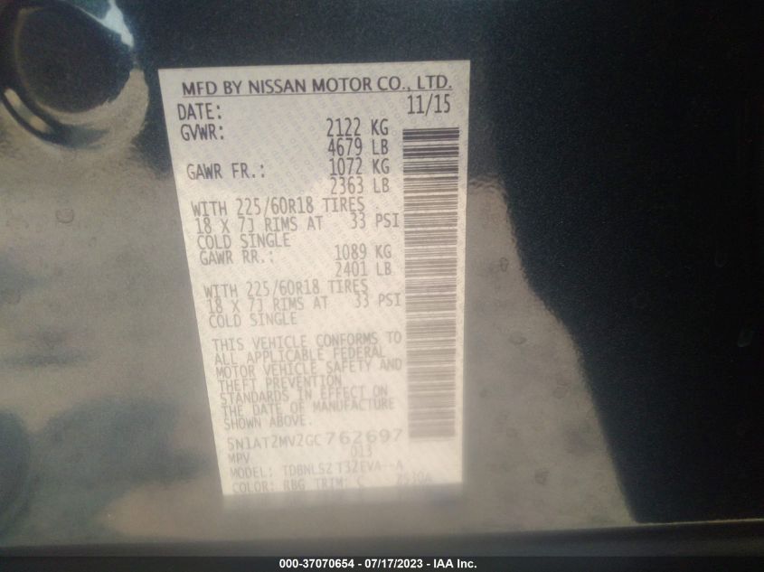 2016 NISSAN ROGUE SL - 5N1AT2MV2GC762697