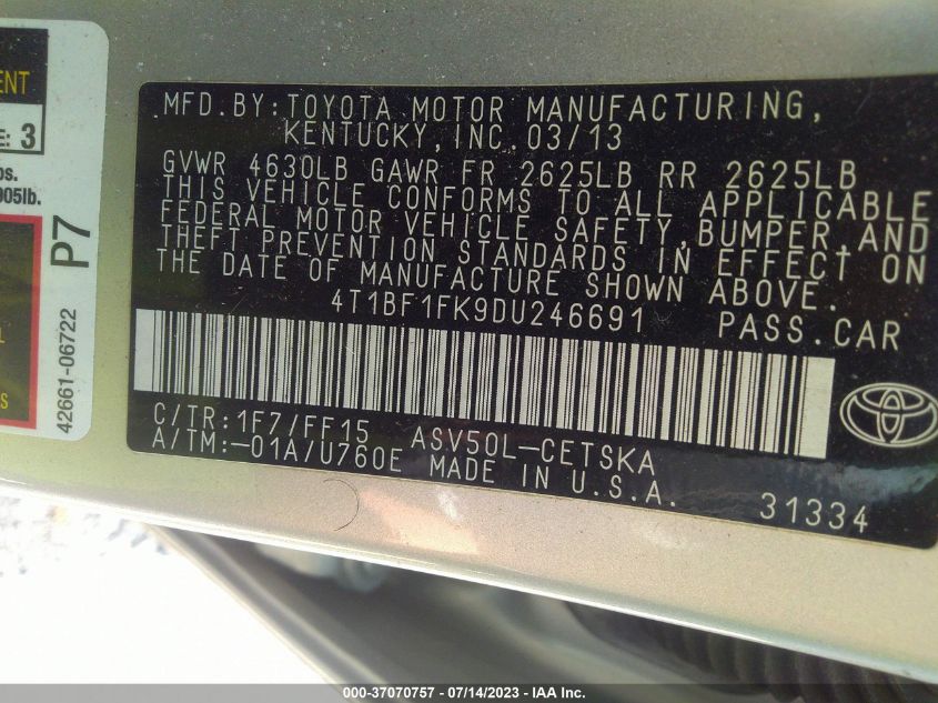 2013 TOYOTA CAMRY L/LE/SE/XLE - 4T1BF1FK9DU246691