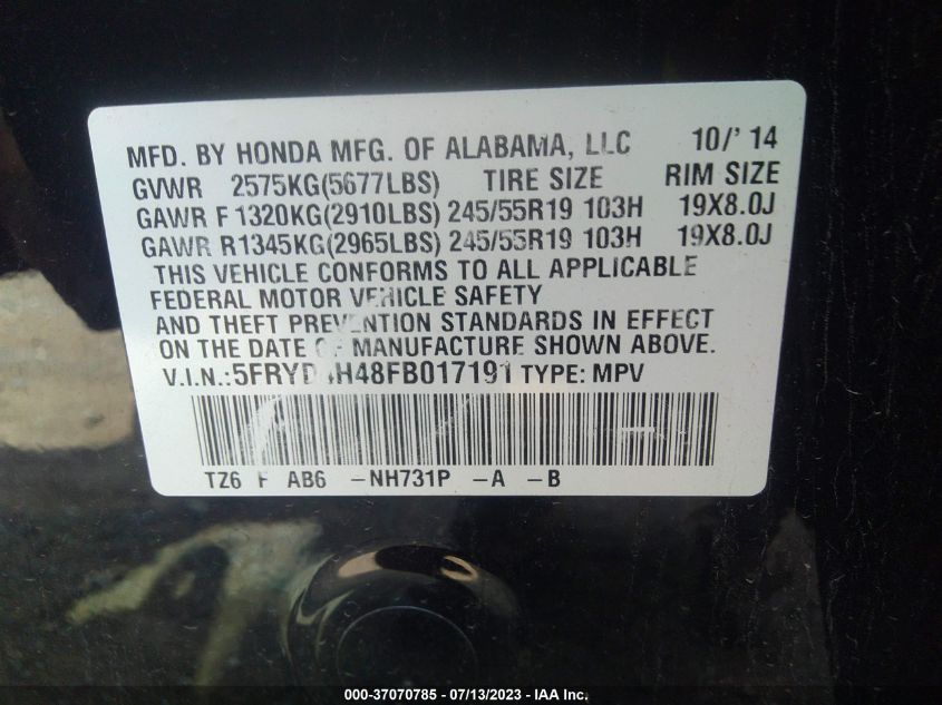 2015 ACURA MDX TECH PKG - 5FRYD4H48FB017191