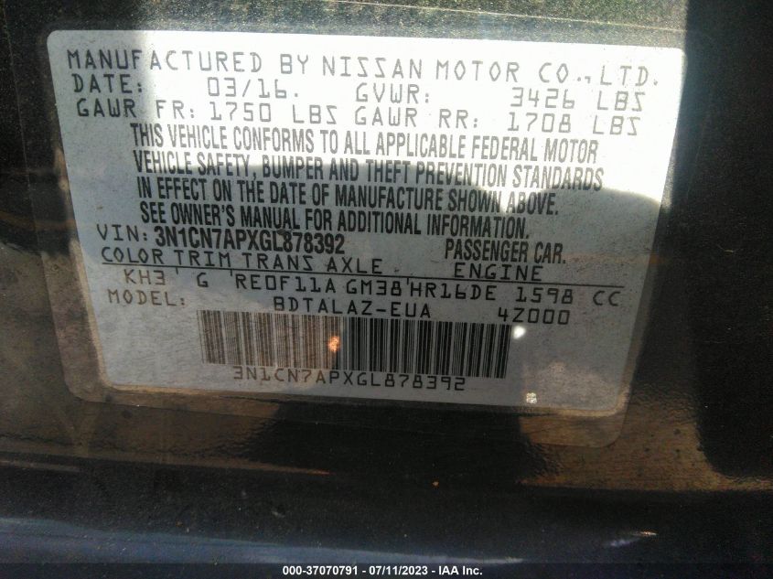 2016 NISSAN VERSA S PLUS - 3N1CN7APXGL878392