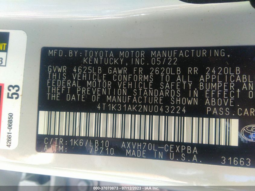 2022 TOYOTA CAMRY HYBRID XSE - 4T1K31AK2NU043224