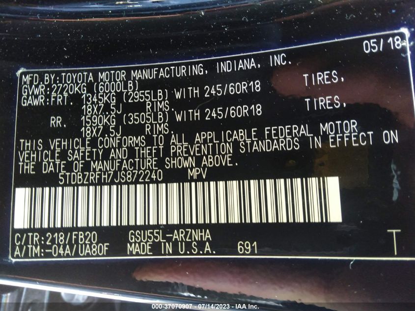 2018 TOYOTA HIGHLANDER LE/LE PLUS - 5TDBZRFH7JS872240