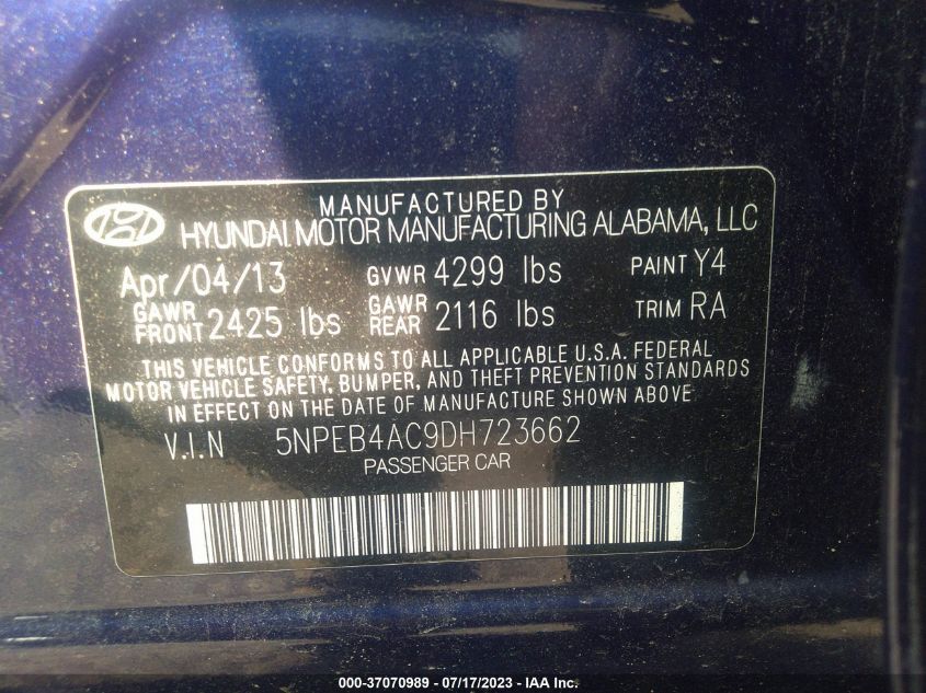 2013 HYUNDAI SONATA GLS PZEV - 5NPEB4AC9DH723662