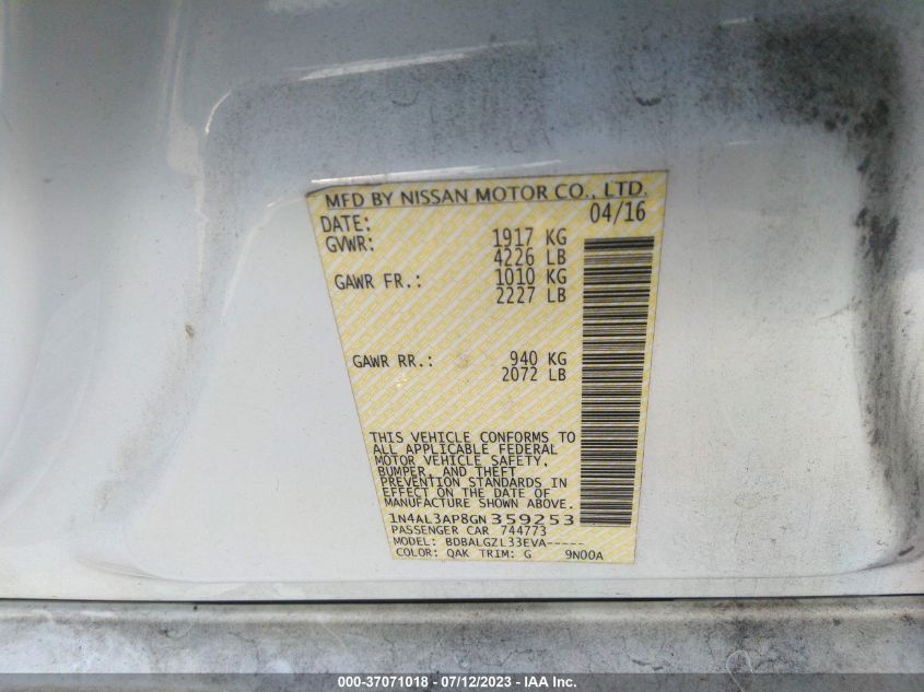 2016 NISSAN ALTIMA 2.5 - 1N4AL3AP8GN359253