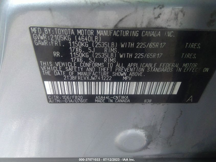 2018 TOYOTA RAV4 LE - 2T3BFREVXJW741222