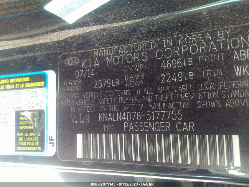 2015 KIA CADENZA PREMIUM KNALN4D76F5177755