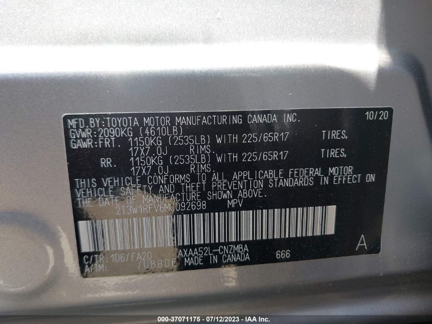 2021 TOYOTA RAV4 XLE - 2T3W1RFV6MC092698