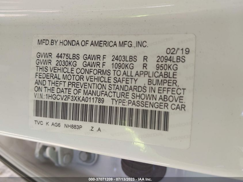 2019 HONDA ACCORD SEDAN SPORT 2.0T - 1HGCV2F3XKA011789