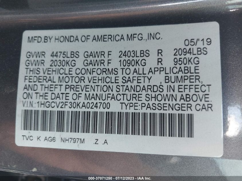 2019 HONDA ACCORD SEDAN SPORT 2.0T - 1HGCV2F30KA024700