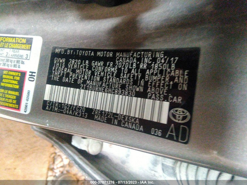 2017 TOYOTA COROLLA L/LE/XLE/SE - 2T1BURHE6HC893830