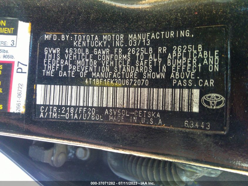 2013 TOYOTA CAMRY L/LE/SE/XLE - 4T1BF1FK3DU672070