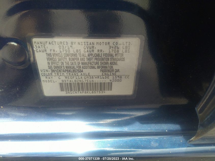 2019 NISSAN VERSA SEDAN SV - 3N1CN7AP8KL857534