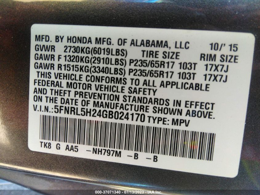2016 HONDA ODYSSEY LX - 5FNRL5H24GB024170