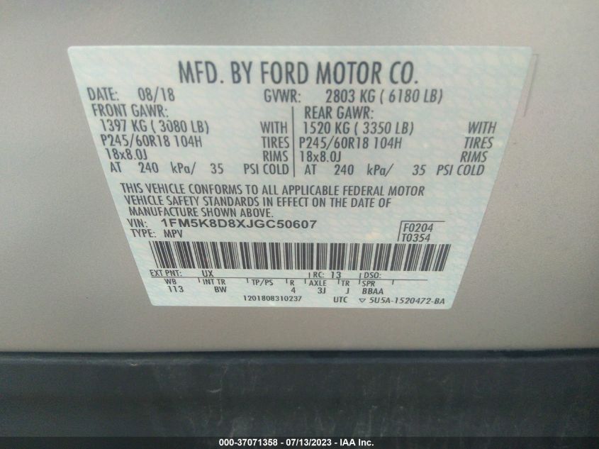 2018 FORD EXPLORER XLT - 1FM5K8D8XJGC50607