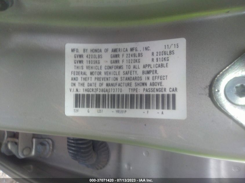 2016 HONDA ACCORD SEDAN LX - 1HGCR2F38GA073770