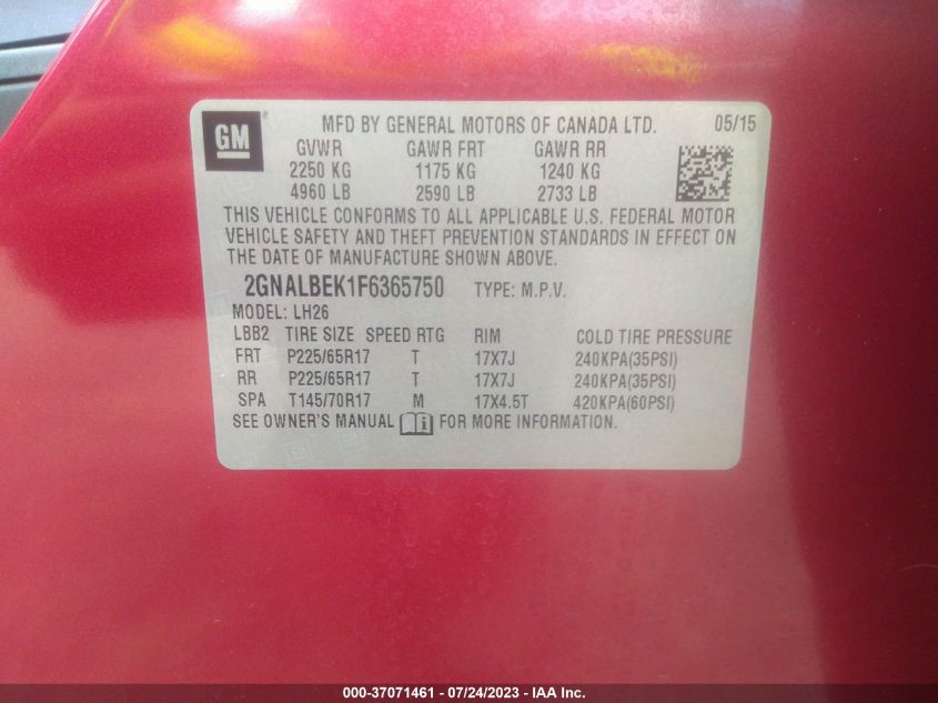 2015 CHEVROLET EQUINOX LT - 2GNALBEK1F6365750