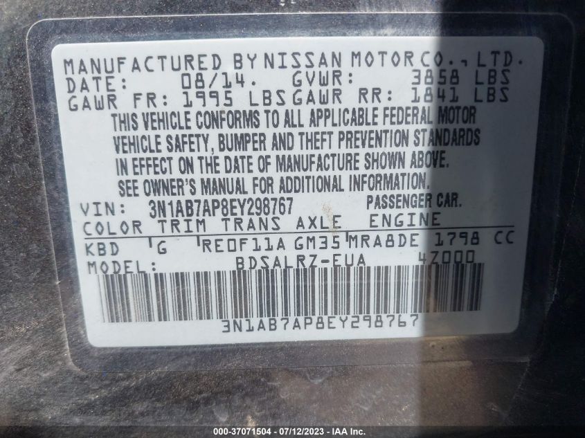 2014 NISSAN SENTRA S/SV/SR/SL - 3N1AB7AP8EY298767