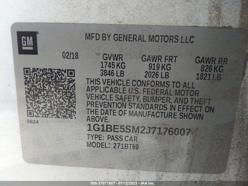 2018 CHEVROLET CRUZE LT - 1G1BE5SM2J7176007