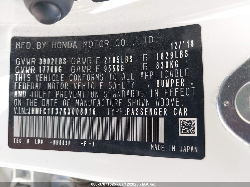 VIN JHMFC1F37KX008016 2019 HONDA CIVIC SEDAN EX