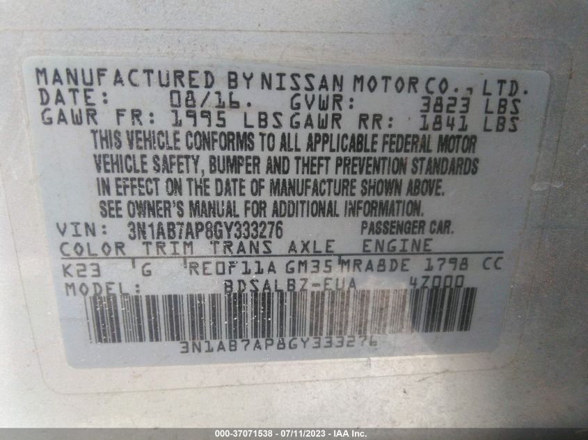 2016 NISSAN SENTRA S - 3N1AB7AP8GY333276