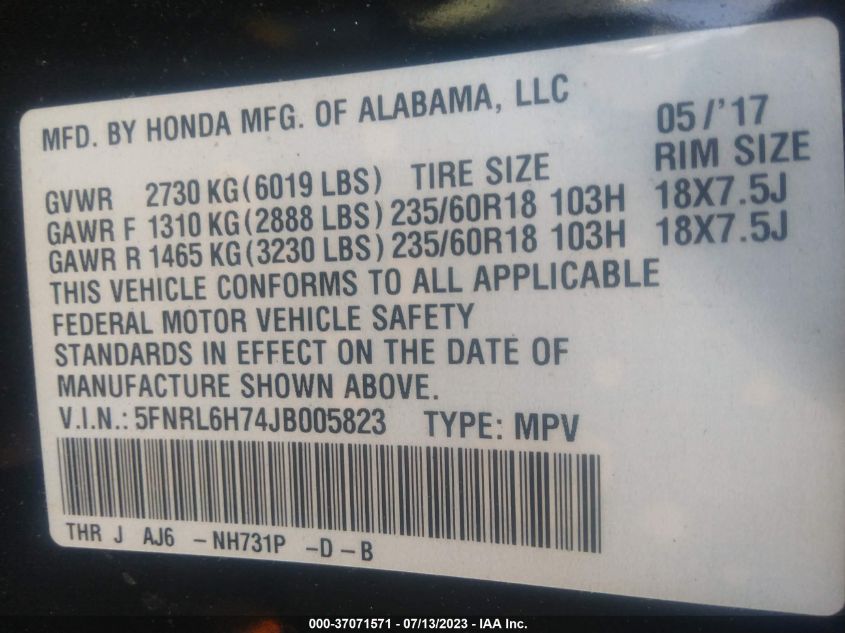 2018 HONDA ODYSSEY EX-L - 5FNRL6H74JB005823