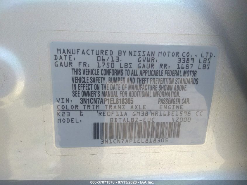 2014 NISSAN VERSA SV - 3N1CN7AP1EL818305