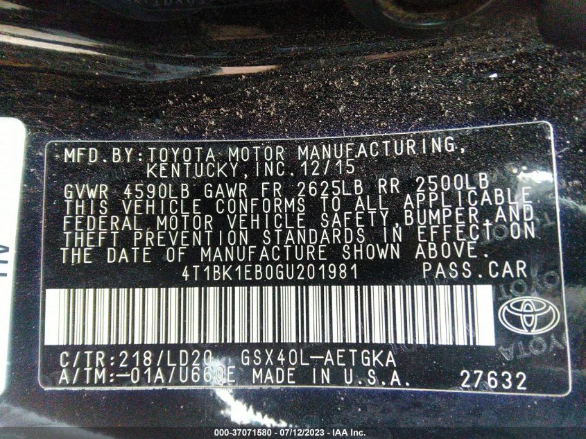 2016 TOYOTA AVALON XLE PLUS/PREMIUM/TOUR/LTD - 4T1BK1EB0GU201981