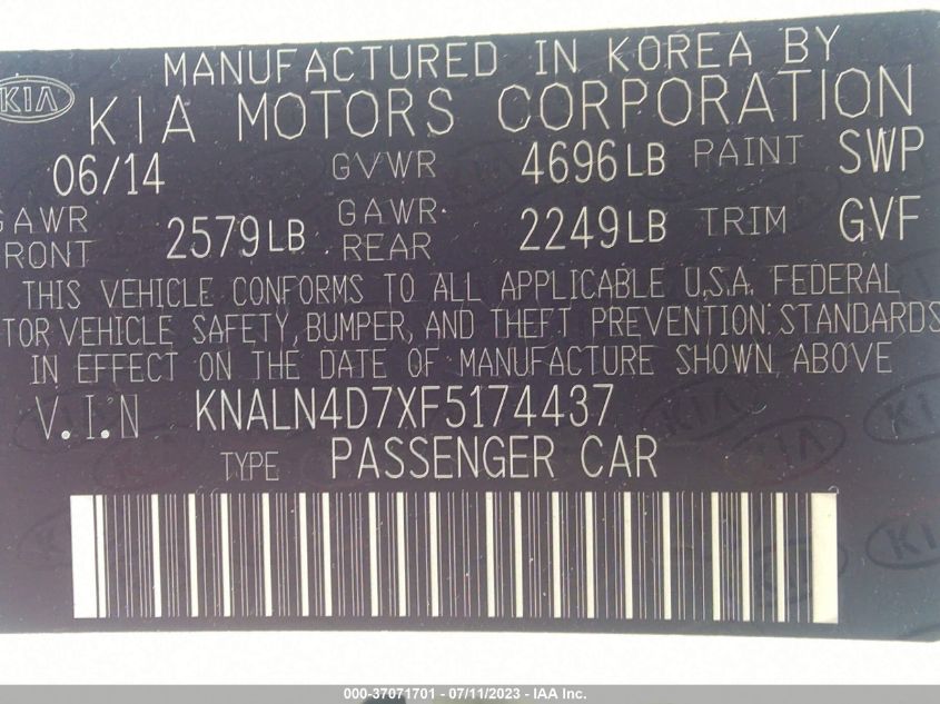 2015 KIA CADENZA PREMIUM KNALN4D7XF5174437