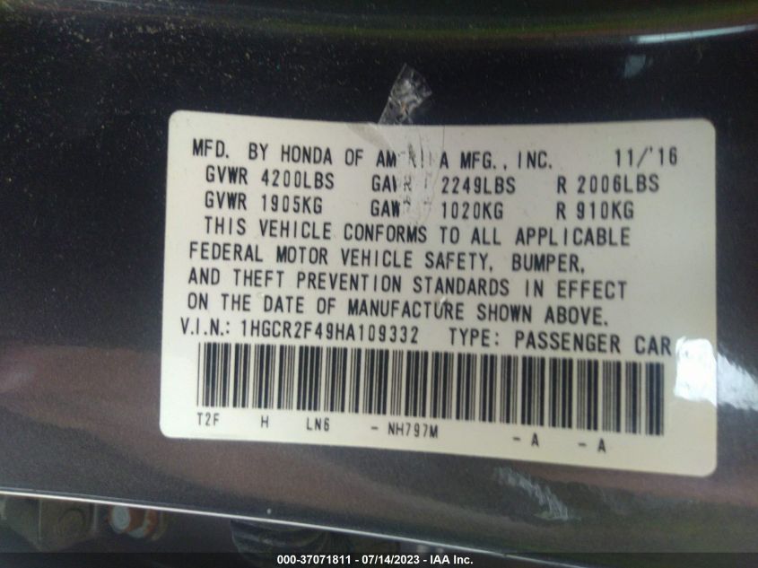 2017 HONDA ACCORD SEDAN LX - 1HGCR2F49HA109332