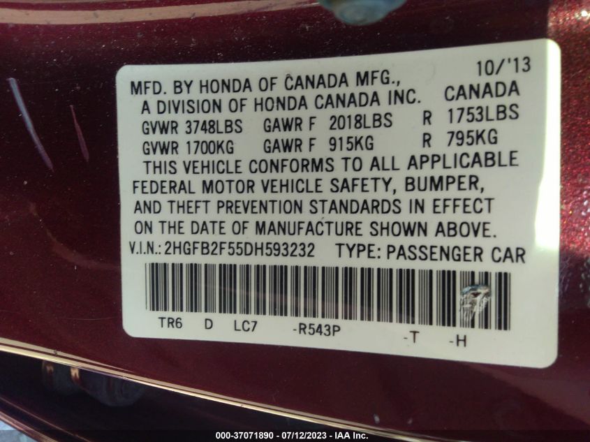 2013 HONDA CIVIC SDN LX - 2HGFB2F55DH593232