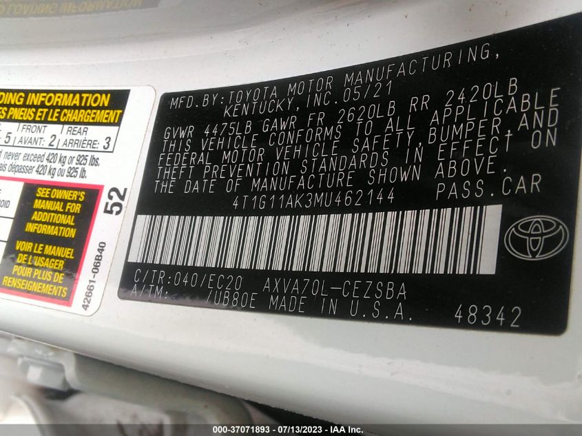 2021 TOYOTA CAMRY SE - 4T1G11AK3MU462144