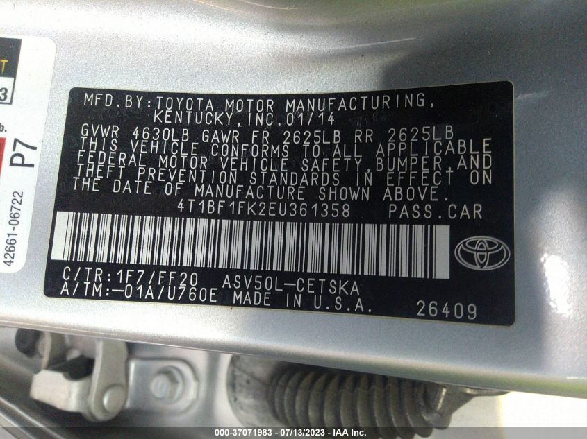 2014 TOYOTA CAMRY L/LE/XLE/SE/SE SPORT - 4T1BF1FK2EU361358
