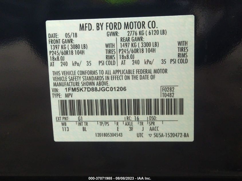 2018 FORD EXPLORER XLT - 1FM5K7D88JGC01206