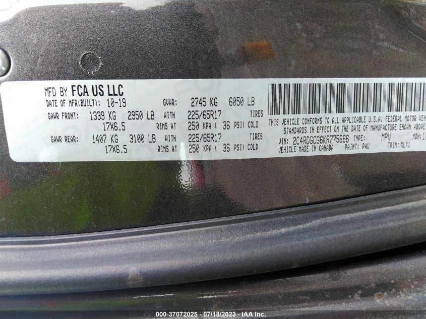 2019 DODGE GRAND CARAVAN SXT - 2C4RDGCG6KR775666